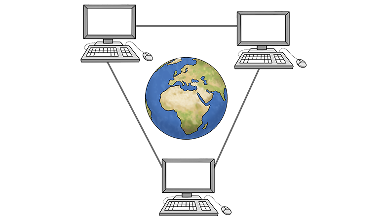 Das Bild zeigt drei Computer. Sie sind über das Internet miteinander verbunden.